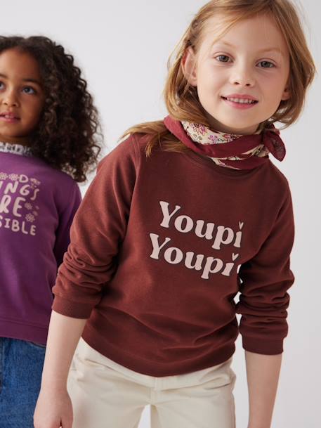 Sweatshirt with Message & Iridescent Details for Girls BROWN MEDIUM SOLID WITH DESIGN+chocolate+Red - vertbaudet enfant 