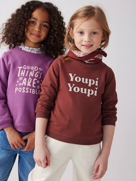 Sweatshirt with Message & Iridescent Details for Girls chocolate+Red+rosy - vertbaudet enfant 