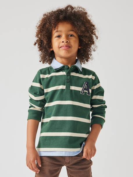 Striped 2-in-1 Effect Polo Shirt, for Boys English green+navy blue+Red Stripes - vertbaudet enfant 