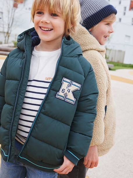 College-Style Padded Jacket with Polar Fleece Lining for Boys chocolate+fir green+navy blue - vertbaudet enfant 