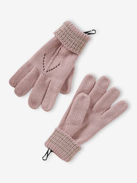 Ensemble béret + écharpes + gants ou moufles en maille ajourée et fourrure  fantaisie fille - rose poudré, Fille