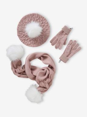 Girls-Accessories-Beret + Scarf + Gloves or Mittens Set in Openwork Knit & Fancy Faux Fur for Girls