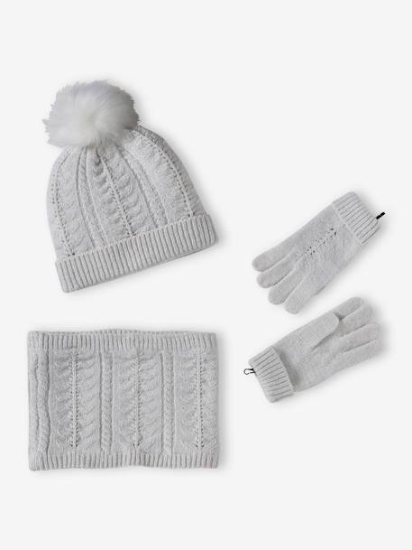 Beanie + Snood + Gloves or Mittens Set in Cable Knit for Girls ecru - vertbaudet enfant 