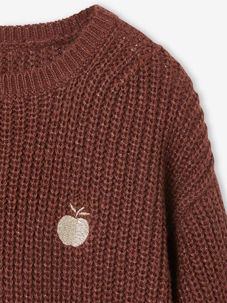 Rib Knit Jumper with Iridescent Patch, for Girls chocolate+ecru+rosy - vertbaudet enfant 