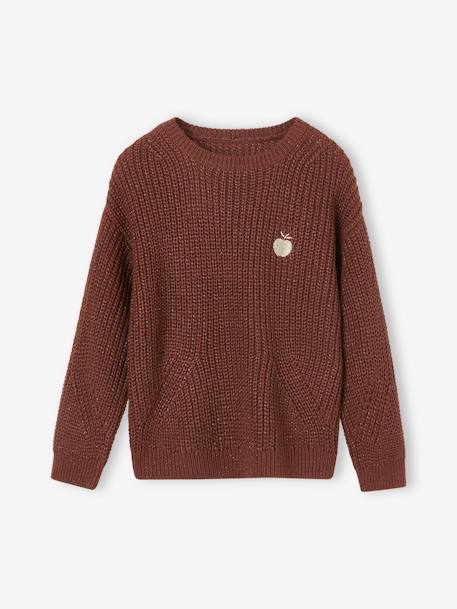Rib Knit Jumper with Iridescent Patch, for Girls chocolate+ecru+rosy - vertbaudet enfant 