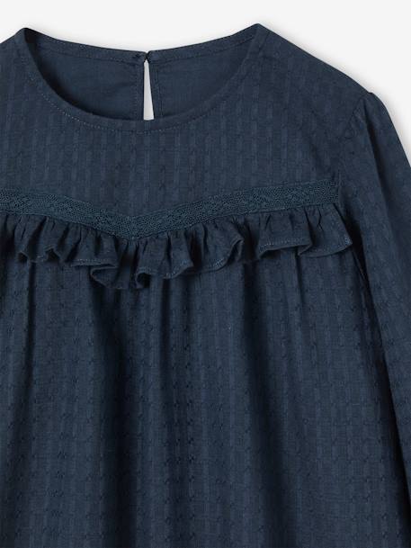 Blouse with Textured-Effect Ruffle for Girls ecru+navy blue - vertbaudet enfant 