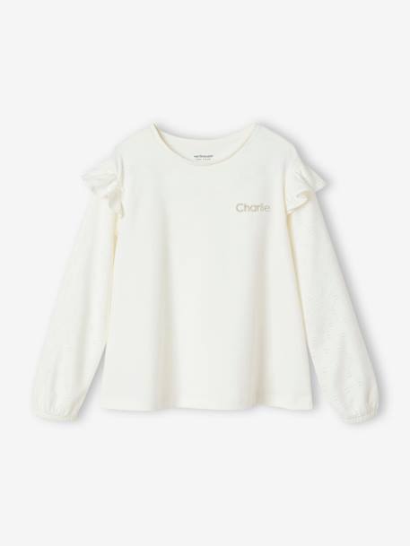 Tee-shirt blouse fille manches longues à volant personnalisable écru+rose - vertbaudet enfant 