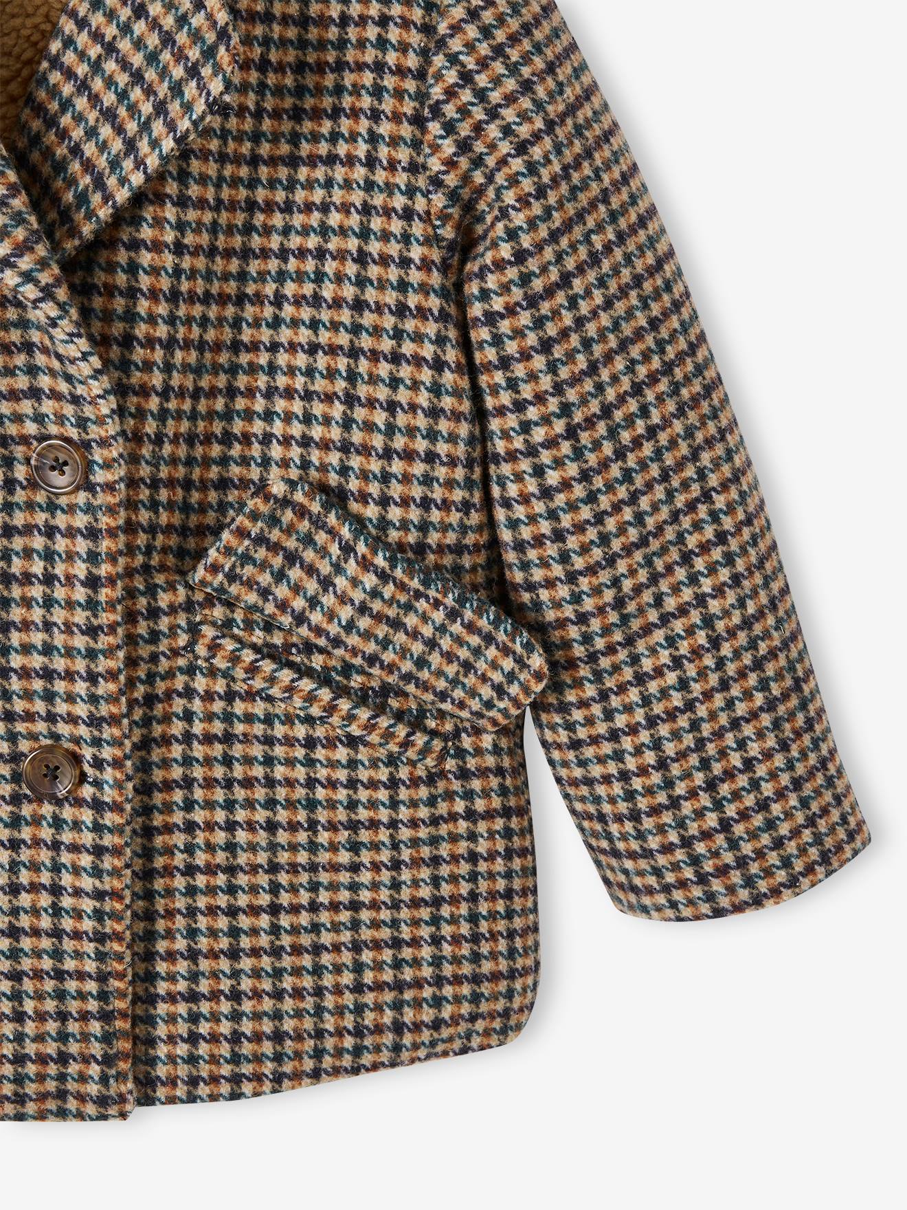 Coat in Woollen Checks & Sherpa Lining for Girls - chequered beige