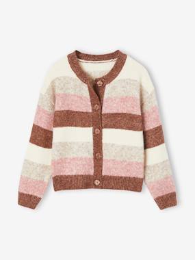 Girls-Cardigans, Jumpers & Sweatshirts-Striped Cardigan in Scintillating Knit, for Girls