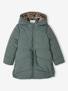 -Long Lightly Padded Jacket with Shiny Hood for Girls