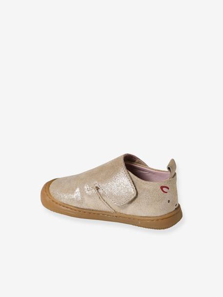 Indoor Shoes in Smooth Leather with Hook-&-Loop Strap, for Babies gold - vertbaudet enfant 