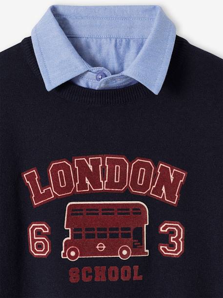 London Jumper with Chambray Shirt Collar for Boys ink blue - vertbaudet enfant 