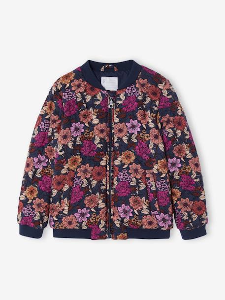 Bomber-Style Padded Jacket with Floral Print for Girls night blue - vertbaudet enfant 