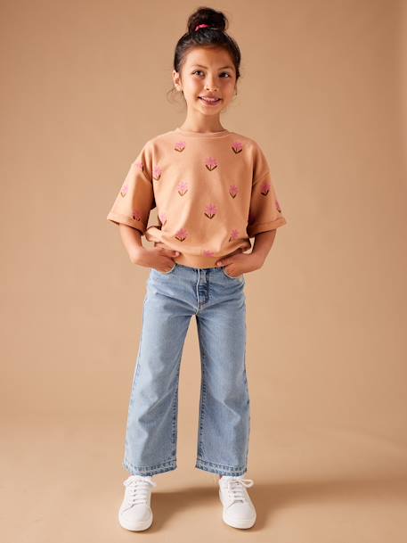 Jean fille large bas effiloché denim bleached+gris+stone - vertbaudet enfant 
