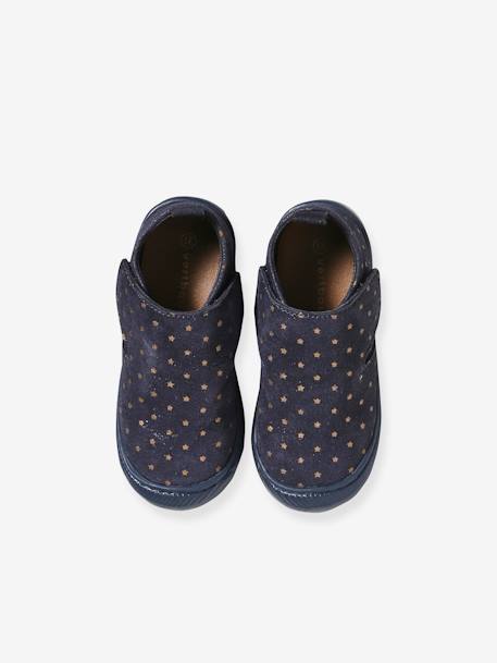 Indoor Shoes in Smooth Leather with Hook-&-Loop Strap, for Babies printed blue - vertbaudet enfant 