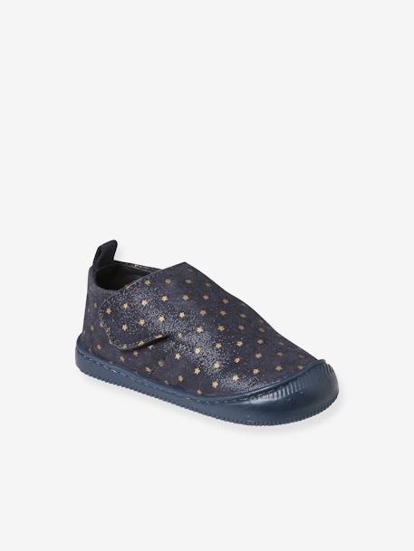Indoor Shoes in Smooth Leather with Hook-&-Loop Strap, for Babies printed blue - vertbaudet enfant 