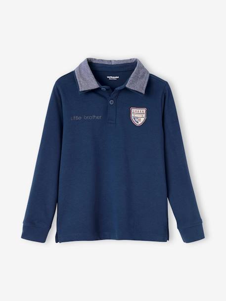 Polo Shirt with Chambray Collar + Patch, for Boys BLUE BRIGHT SOLID WITH DESIGN+RED DARK SOLID WITH DESIGN - vertbaudet enfant 