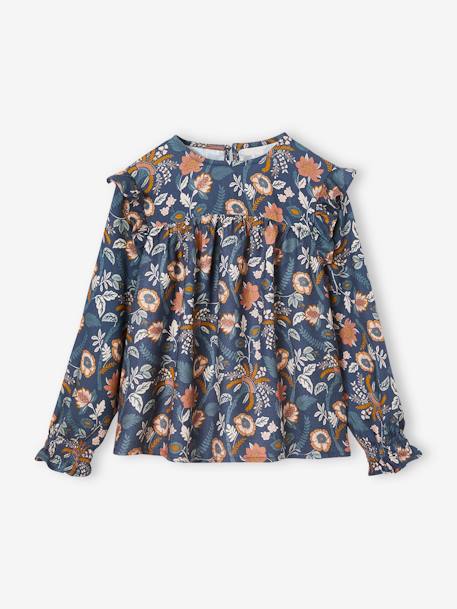 Floral Blouse with Ruffled Sleeves for Girls ecru+night blue - vertbaudet enfant 