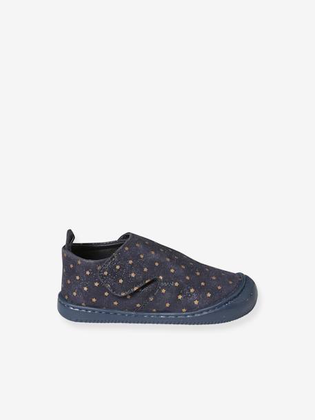 Indoor Shoes in Smooth Leather with Hook-&-Loop Strap, for Babies printed blue - vertbaudet enfant 