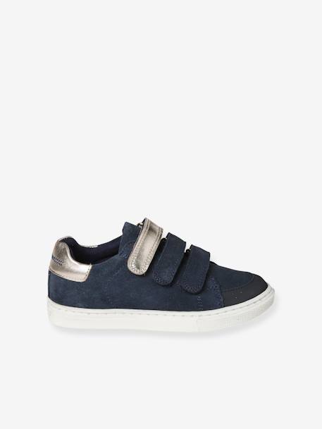 Hook-and-Loop Trainers in Leather for Girls navy blue - vertbaudet enfant 