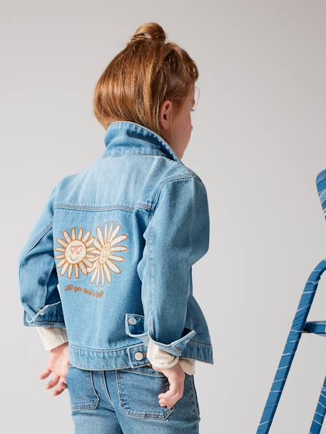 Denim Jacket with Pop Flowers Animation on the Back for Girls stone - vertbaudet enfant 