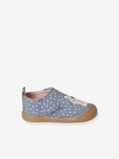 Fabric Indoor Shoes in Printed Fabric, with Hook-&-Loop Strap, for Babies chambray blue+printed white - vertbaudet enfant 