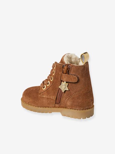 Furry Leather Boots with Laces & Zips for Babies camel - vertbaudet enfant 
