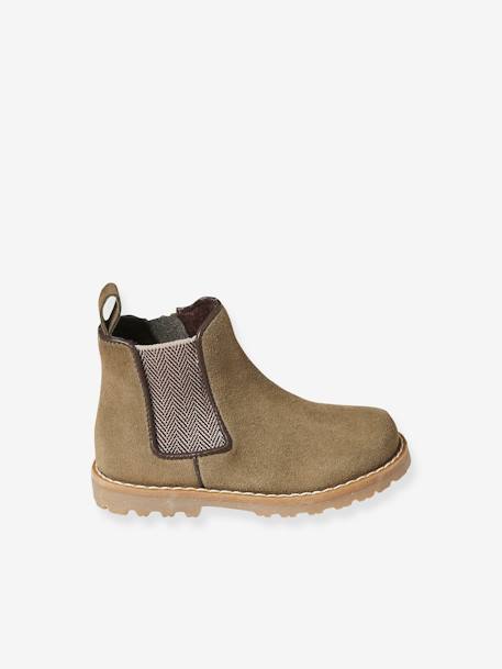 Leather Boots with Zip & Elastic for Babies khaki - vertbaudet enfant 