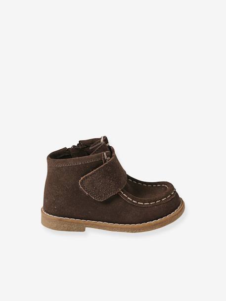Leather Ankle Boots with Hook&Loop & Zips for Babies brown - vertbaudet enfant 