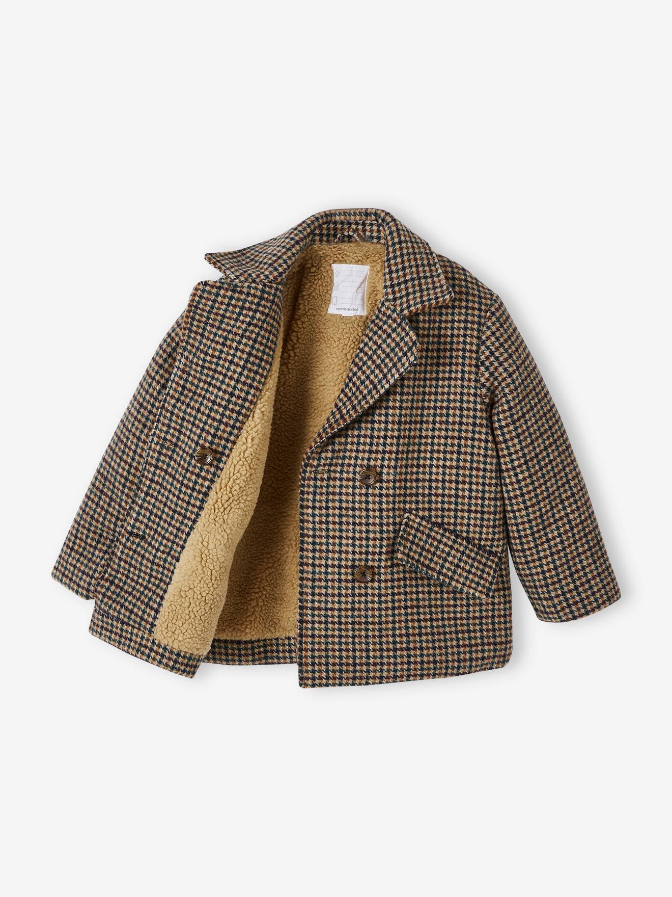 Coat in Woollen Checks & Sherpa Lining for Girls - chequered beige
