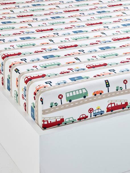 Children's Fitted Sheet, Auto City Theme Beige/Print - vertbaudet enfant 