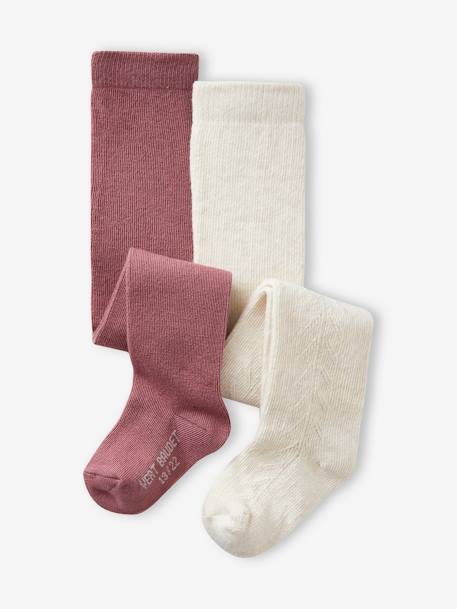 Pack of 2 Pairs of Tights, Openwork/Plain, for Baby Girls plum - vertbaudet enfant 