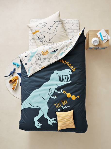 Children's Reversible Duvet Cover & Pillowcase Set, Dinorama Theme Dark Blue/Print - vertbaudet enfant 