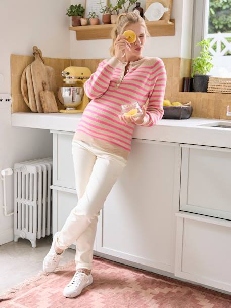 Striped Grandad-Style Jumper, for Maternity & Nursing rose beige - vertbaudet enfant 