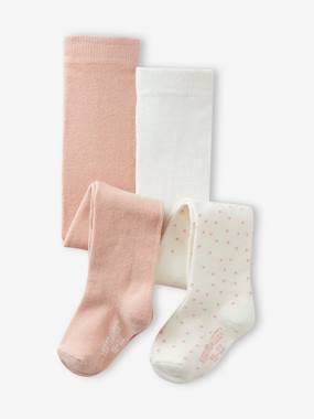 Baby-Socks & Tights-Pack of 2 Pairs of Tights, Dots/Plain, for Baby Girls