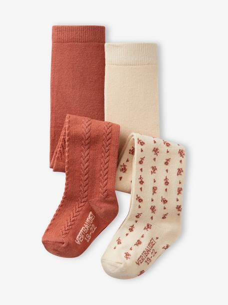 Pack of 2 Pairs of Tights, Flowers/Cable-Knit, for Baby Girls old rose - vertbaudet enfant 