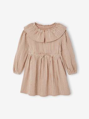 -Gingham Dress with Wide Neckline, for Girls