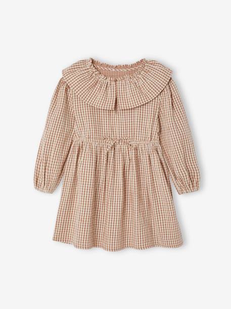Gingham Dress with Wide Neckline, for Girls chequered brown - vertbaudet enfant 