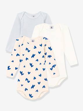 -Pack of 3 Long Sleeve Blue Hearts Bodysuits for Babies, in Cotton, Petit Bateau