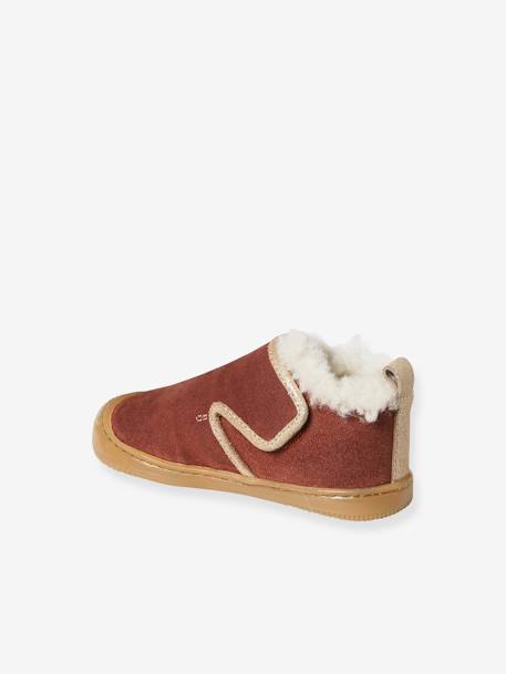 Indoor Shoes in Smooth Leather with Hook-&-Loop Strap and Furry Lining, for Babies old rose - vertbaudet enfant 