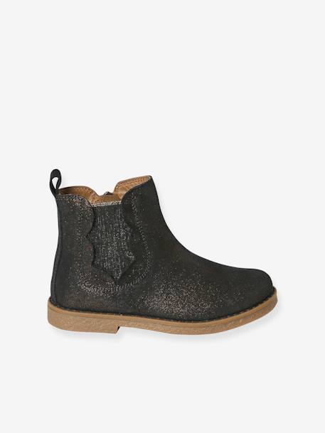 Leather Boots with Zip & Elastic for Girls brown+Pink+Shimmery Beige - vertbaudet enfant 