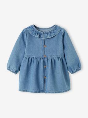 -Denim Dress with Ruffled Collar for Babies