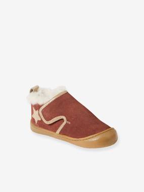 -Indoor Shoes in Smooth Leather with Hook-&-Loop Strap and Furry Lining, for Babies