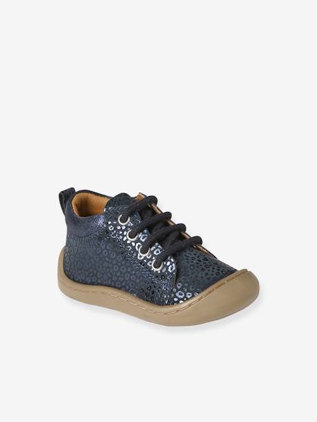 Soft Leather Ankle Boots for Baby Girls, Designed for Crawling Gold+printed blue - vertbaudet enfant 