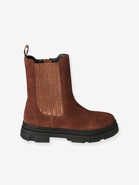 Leather Boots with Zip & Elastic, Junior brown - vertbaudet enfant 