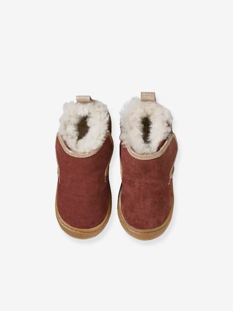 Indoor Shoes in Smooth Leather with Hook-&-Loop Strap and Furry Lining, for Babies old rose - vertbaudet enfant 