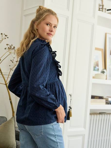 Frilly Blouse in Plumetis for Maternity navy blue - vertbaudet enfant 