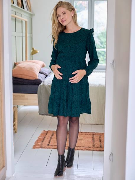 Printed Short Dress with Ruffles, Maternity & Nursing Special fir green - vertbaudet enfant 