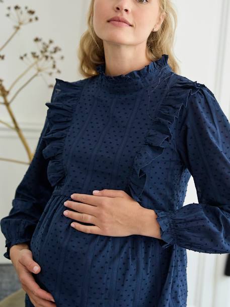 Frilly Blouse in Plumetis for Maternity navy blue - vertbaudet enfant 