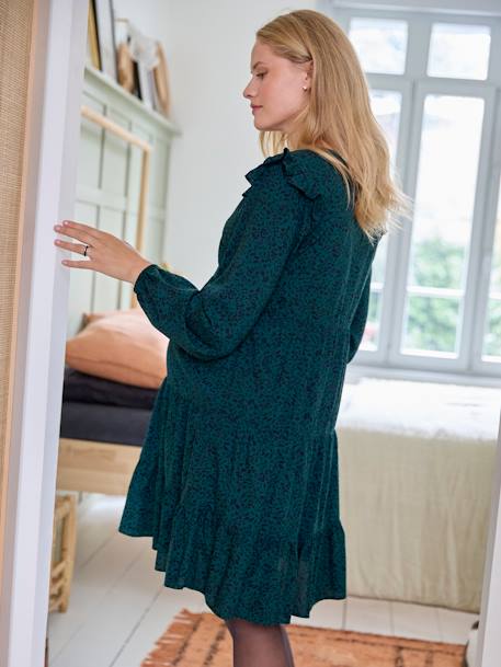 Printed Short Dress with Ruffles, Maternity & Nursing Special fir green - vertbaudet enfant 